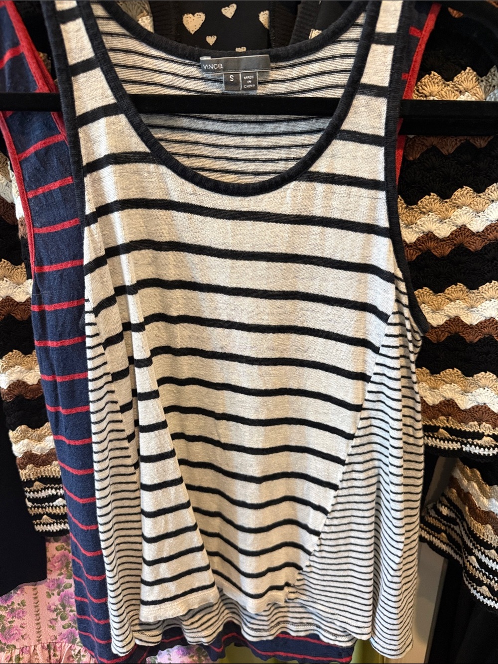 Vince Black and White Striped Scoop Neck Tank